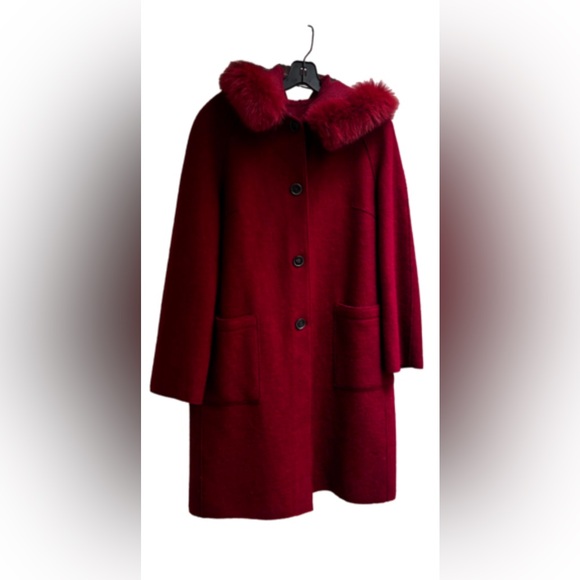 Eleventy 100% Red Wool Coat with Fox Fur Trim Hoodie (detachable) Women Sz8 - Picture 4 of 16